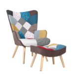 ALMA Πολυθρόνα - Μπερζέρα με Σκαμπό - Υποπόδιο Φυσικό Ύφασμα Patchwork, K/D κωδ. 0706-Ε-00024317