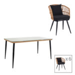 Τραπεζαρία Naoki σετ 7 τεμ pakoworld μέταλλο μαύρο-pe φυσικό-γυαλί 160x90x78εκ κωδ. 0060-140-000063