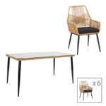 Τραπεζαρία Naoki-Tanish σετ 7τεμ pakoworld μέταλλο μαύρο-pe φυσικό-γυαλί 160x90x78εκ κωδ. 0060-140-000066