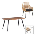 Τραπεζαρία Naoki-Tanish σετ 5 τεμ pakoworld γυάλινο- pe rattan σε φυσική απόχρωση με μαυρα πόδια 140x80x78εκ κωδ. 0060-140-000067