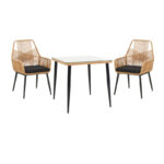 Τραπεζαρία Naoki-Tanish σετ 3 τεμ pakoworld μέταλλο μαύρο-pe φυσικό-γυαλί 80x80x78εκ κωδ. 0060-140-000068