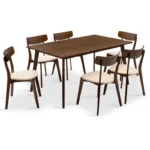 Tραπεζαρία Benson - Toto pakoworld σετ 7τμχ καρυδί - ύφασμα μπεζ 150x90x75εκ. κωδ.0060-200-000190