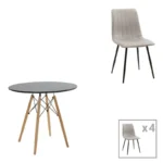 Τραπεζαρία Julita-Noor pakoworld σετ 5τεμ  MDF μαύρο-γκρι-πόδια φυσικό Φ80x73εκ κωδ. 0060-200-001282