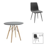 Τραπεζαρία Julita-Noor pakoworld σετ 5τεμ  MDF μαύρο-ανθρακί-πόδια φυσικό Φ80x73εκ κωδ. 0060-200-001292