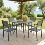 Τραπεζαρία Appa-Moly σετ 5τεμ pakoworld αλουμίνιο και plywood σε ανθρακί απόχρωση Φ120x74εκ. κωδ. 0060-152-000102